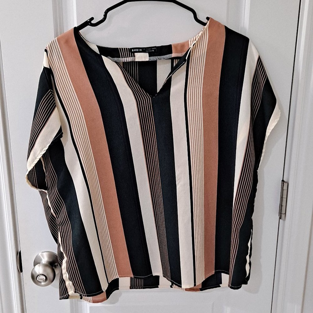 Casual Striped Top, Round Neck, Short Sleeve, Multicolored, (L) Large